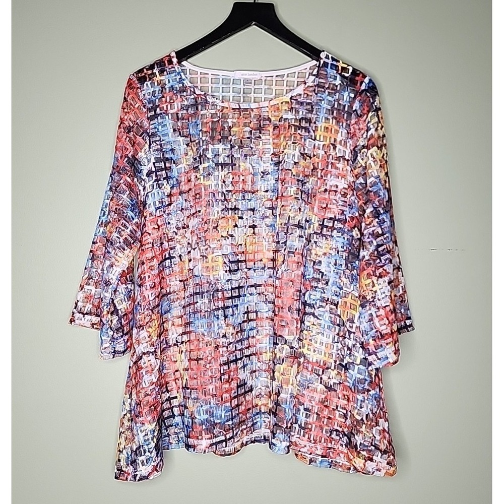 Erin London Womens Large Multicolor Grid Mesh 3/4 Sleeve Tunic Top Relaxed Fit